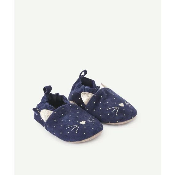 Chaussons bleu marine à poids couleur dorée en cuir bébé fille –  – Soldes