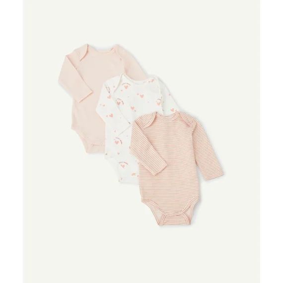 Lot de 3 bodies bébé en coton bio blanc et rose unis et imprimés