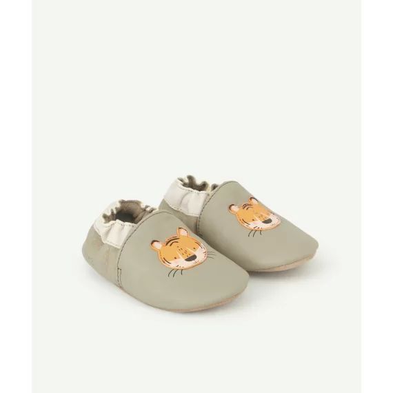 Chaussons bébé kaki en cuir avec renards –  – Soldes