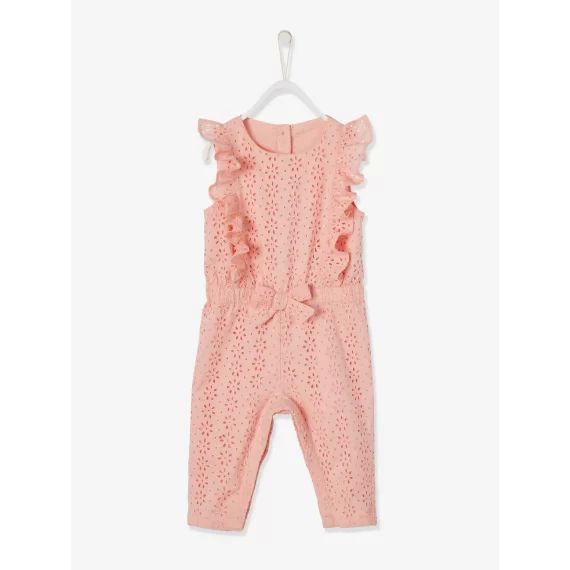 Combinaison volantée en broderie anglaise bébé fille rose pâle