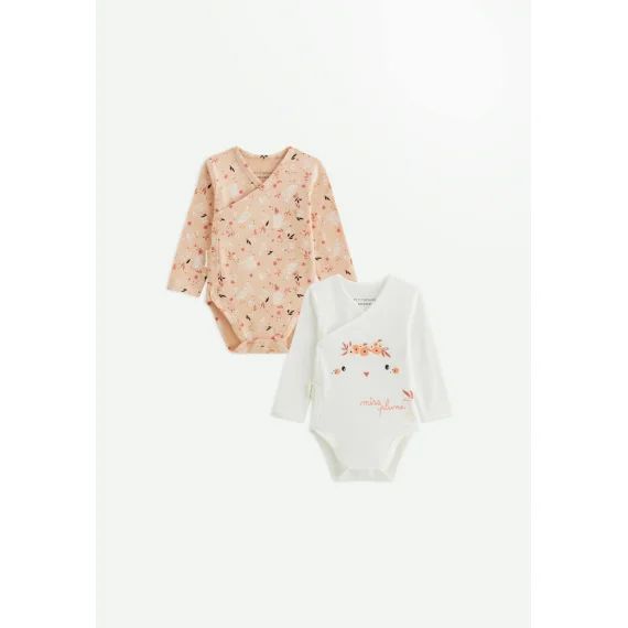 Lot De 2 Bodies Bébé Manches Longues Ouverture Croisée Miss Plume Ecru