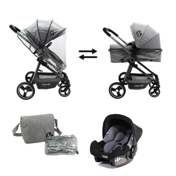 NANIA Poussette Giulia – Nacelle + Siège auto BEONE 0+ – Sac à langer + Habillage pluie – Dès la naissance – Jusqu&rsquo;à 15kg – Gris gris