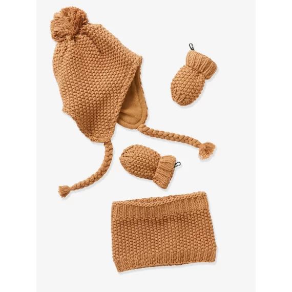 Ensemble bonnet + snood + moufles bébé fille havane