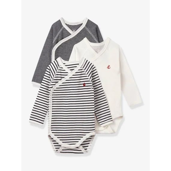 Lot de 3 bodies croisés manches longues rayés bébé naissance en coton bio PETIT BATEAU marine