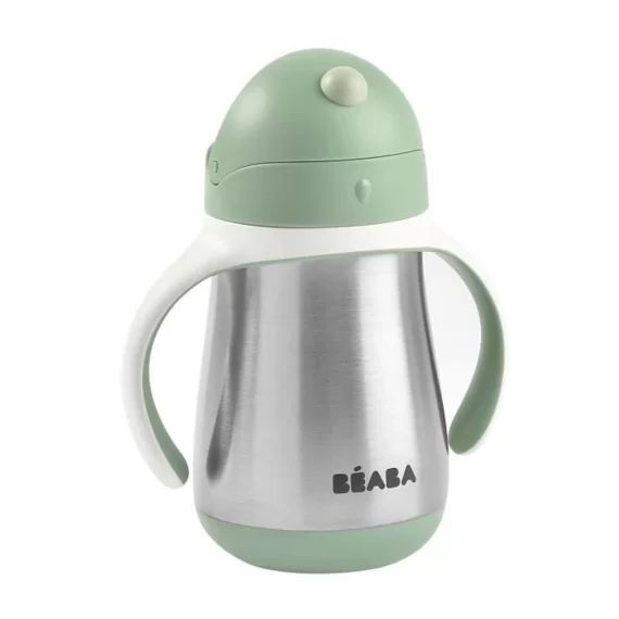 BEABA, Biberon/Tasse d&rsquo;apprentissage/Gourde Bébé 2 en 1, Tasse Paille Enfant, Inox 100% étanche, Anti-fuite, 250ml, Vert sauge vert