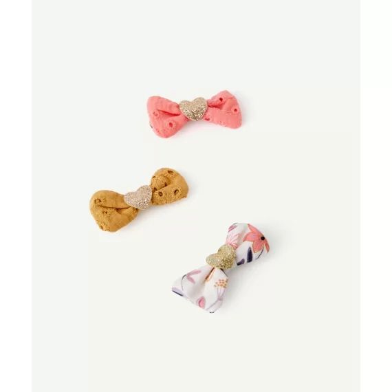 Lot de 3 barrettes bébé fille fleuries ocre écru et rose avec coeur à paillettes