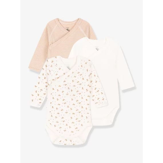 Lot de 3 bodies croisés manches longues PETIT BATEAU blanc imprimé