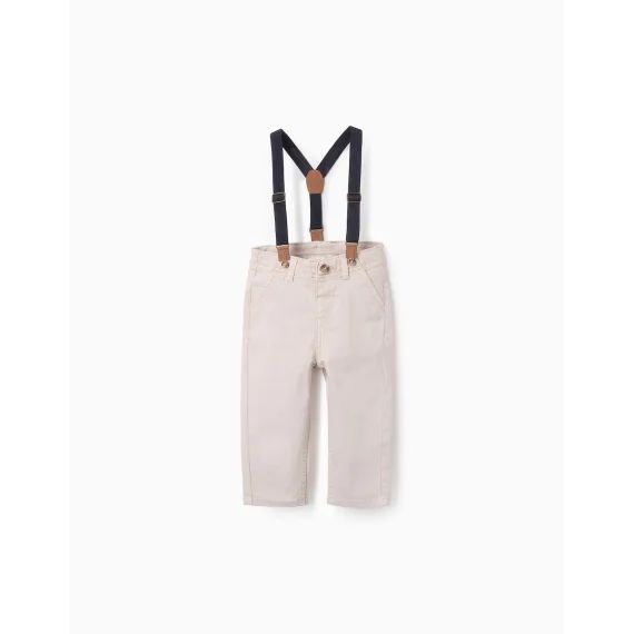 Pantalon En Sergé Avec Bretelles Amovibles Beige Clair