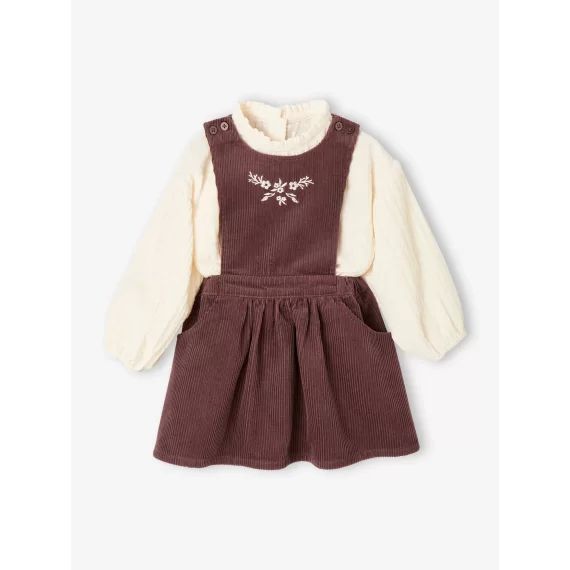 Ensemble bébé blouse et robe-tablier en velours côtelé bordeaux