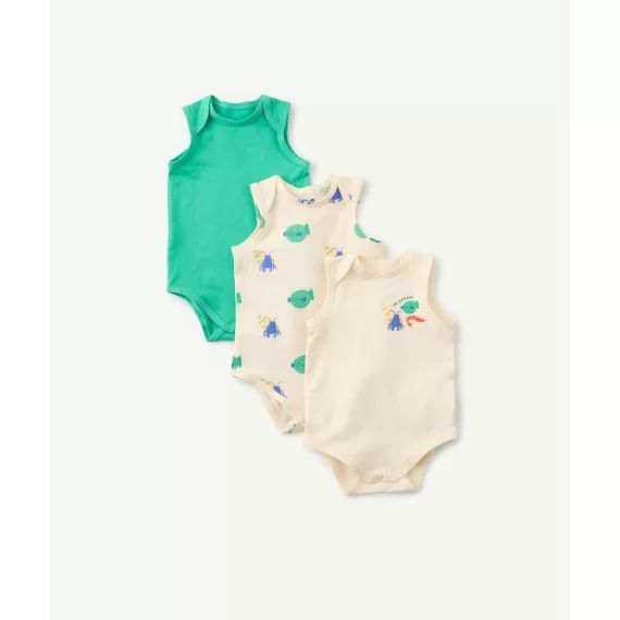 Lot de 3 bodys bébé en coton bio vert et écru thème poisson