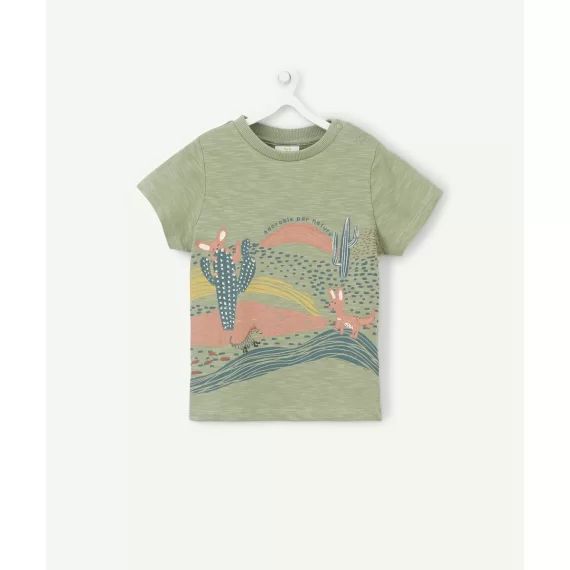 T-shirt vert en coton bio motifs nature bébé garçon