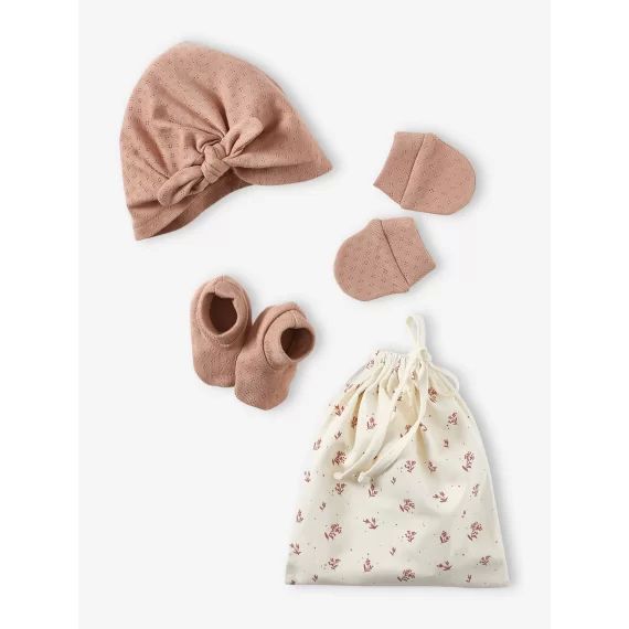 Ensemble naissance fille bonnet + moufles + chaussons + pochon cappuccino