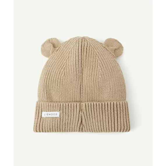 Bonnet gina en tricot côtelé et coton bio marron avec oreilles d’ours