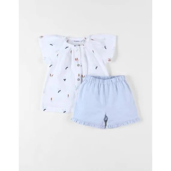 Ensemble Blouse Brodé Fleuri + Short Écru/bleu Ciel Bleu