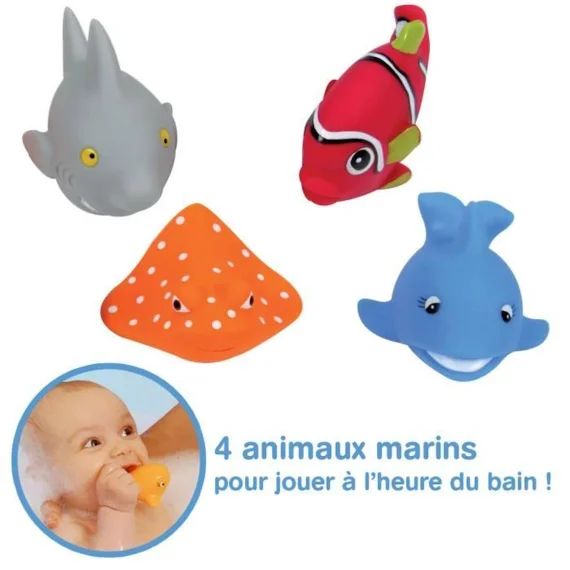 LUDI – Animaux marins en plastique pour jouer dans le bain – 4 poissons arroseurs rigolos – Dès 6 mois – Jouet à emmener à la plage orange