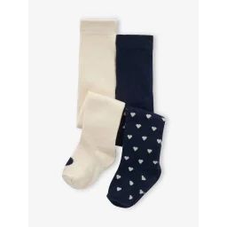 Lot de 2 paires de collants bébé fille motifs coeurs marine/écru