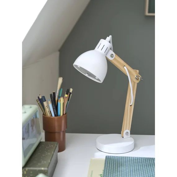 Lampe de bureau bois et métal blanc