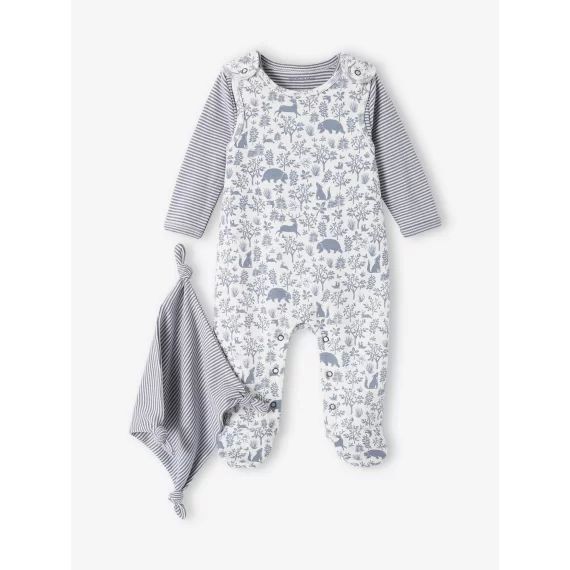 Ensemble naissance 3 pièces : combinaison + body + doudou en coton bio bleu jean