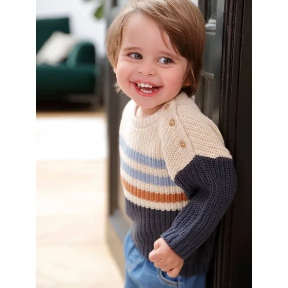 Pull à rayures colorées boutonné épaule bébé garçon bleu ardoise