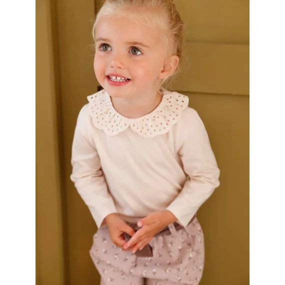 T-shirt col brodé bébé manches longues beige clair