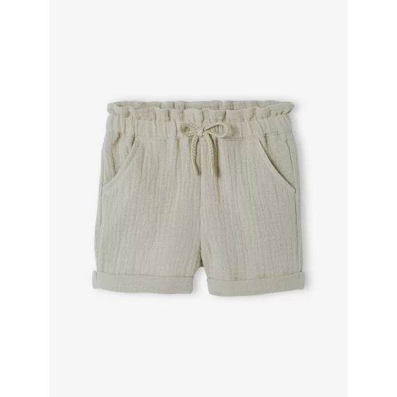 Short taille élastiquée bébé en gaze de coton vert de gris