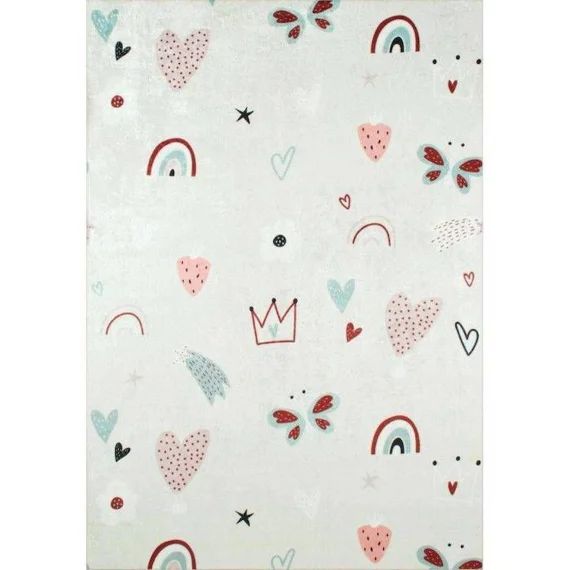 Tapis Chambre Enfant – Coeur Et Arc En Ciel Rose – 120 X 160 Cm Rose – Nazar Rugs Blanc