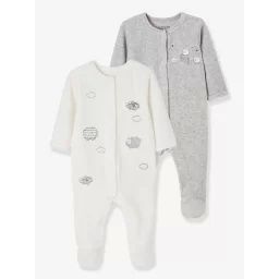Lot de 2 pyjamas bébé en velours ouverture naissance nuage lot ivoire