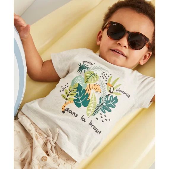 T-shirt bébé garçon en fibres recyclées écru avec animation –  – Soldes