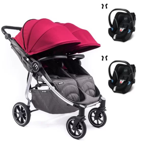 Poussette Double Baby Monsters Easy Twin 4 – Châssis Silver/ Canopys Bordeaux + 2 Coques Cybex Aton 5
