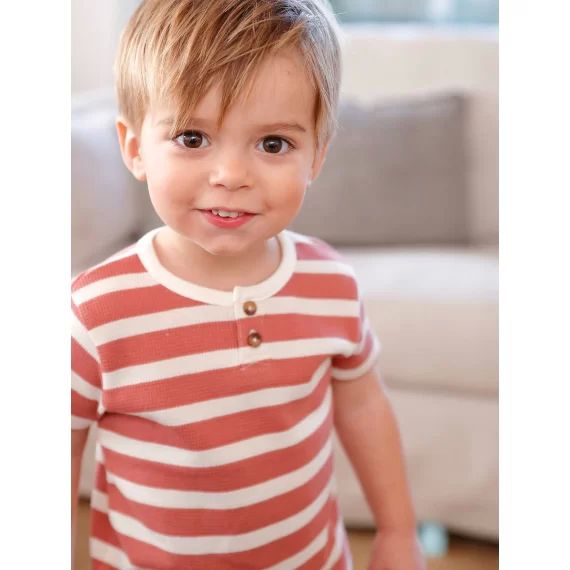 T-shirt rayé manches courtes bébé en nid d&rsquo;abeille tomette