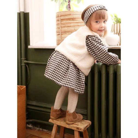 Ensemble 3 pièces bébé robe vichy + gilet + bandeau carreaux noir