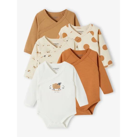 Lot de 5 bodies ouverture naissance bébé en coton biologique taupe