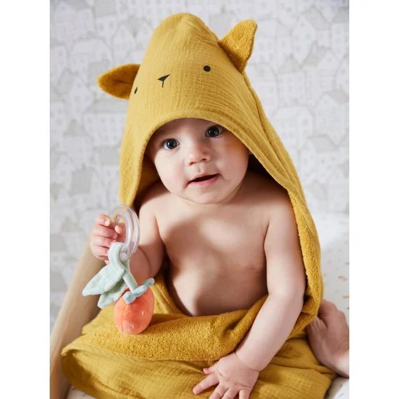 Cape de bain + gant en gaze de coton bio*, ocre