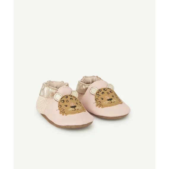 Chaussons bébé en tannage végétal rose avec léopard –  – Soldes