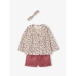 Ensemble 3 pièces bébé fille tee-shirt, short velours et bandeau violine