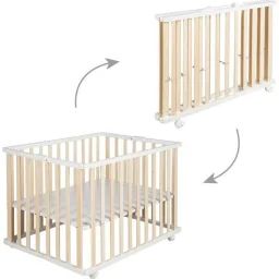 ROBA Parc Bébé Pliant en Bois – Avec 4 Roues – 74×100 cm – Bicolore marron