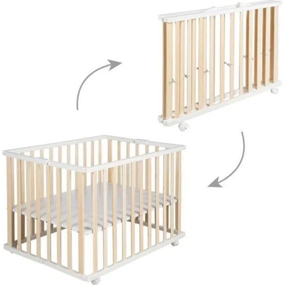 ROBA Parc Bébé Pliant en Bois – Avec 4 Roues – 74×100 cm – Bicolore marron