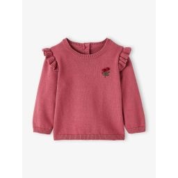 Pull à volants cerise bébé avec pompons bourgogne