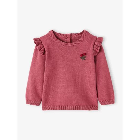 Pull à volants cerise bébé avec pompons bourgogne