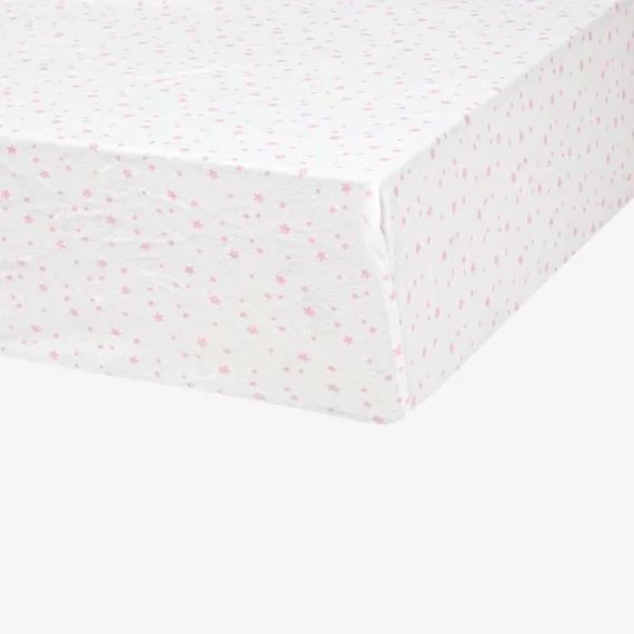 Drap housse – Marque – 70 x 140 cm – Blanc étoiles roses – Jersey – Bébé – Rectangulaire blanc