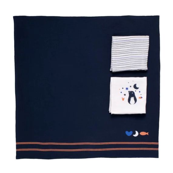 Langes En Coton Bio Boite De 3 Bleu Foncé/blanc
