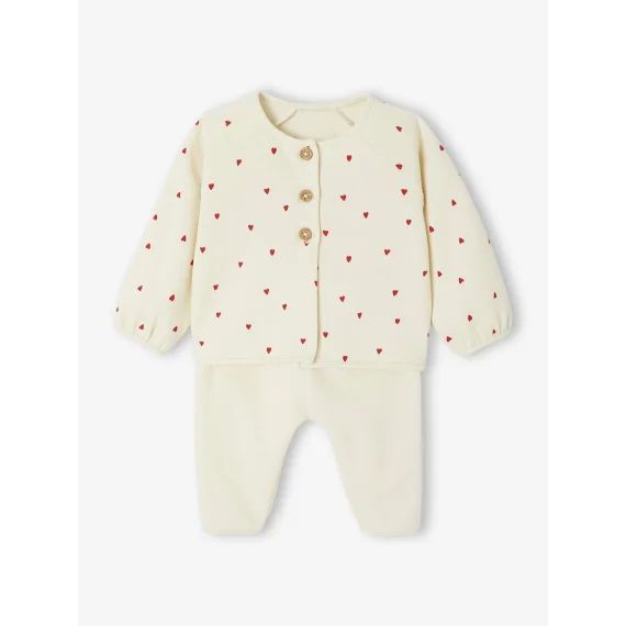Ensemble naissance molletonné gilet + pantalon écru