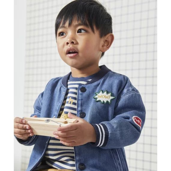 Veste style teddy bébé garçon en denim bleu low impact
