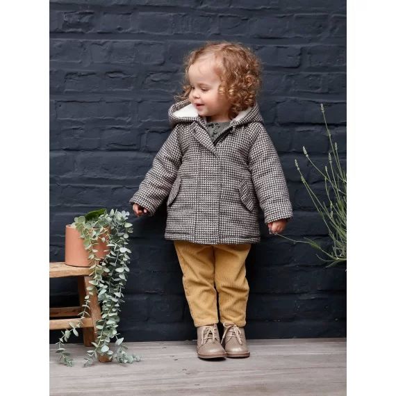 Manteau à capuche pied de puce bébé doublé imitation fourrure carreaux marron