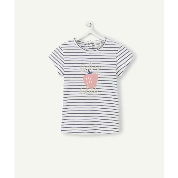 T-shirt bébé fille en coton biologique rayé bleu et blanc –  – Soldes