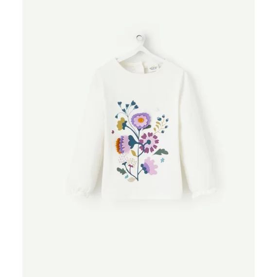 T-shirt bébé fille en coton bio écru avec fleurs en relief