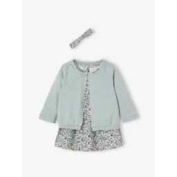 Ensemble 3 pièce robe + cardigan + bandeau bébé fille bleu grisé