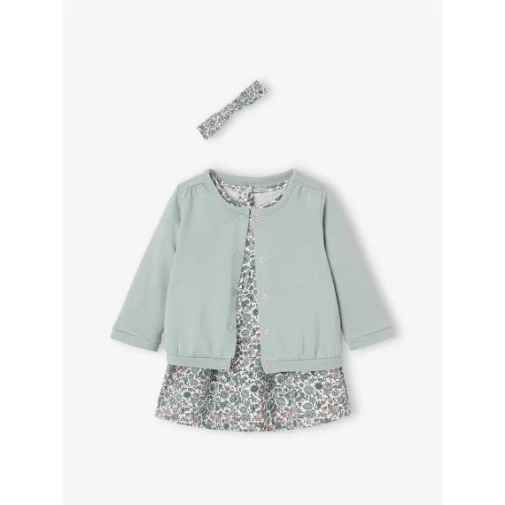 Ensemble 3 pièce robe + cardigan + bandeau bébé fille bleu grisé