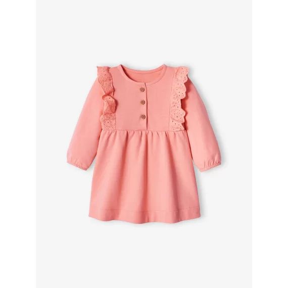 Robe en molleton bébé volant en broderie anglaise corail