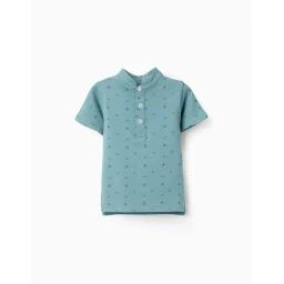 T-shirt En Coton Avec Col Mao Et Motif Bleu Clair